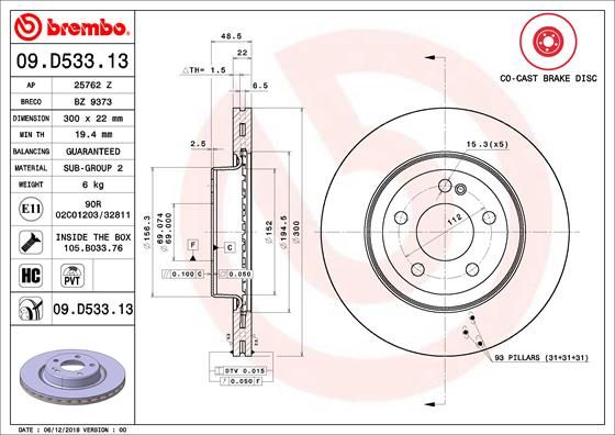 BREMBO 09.D533.13 Disc frana